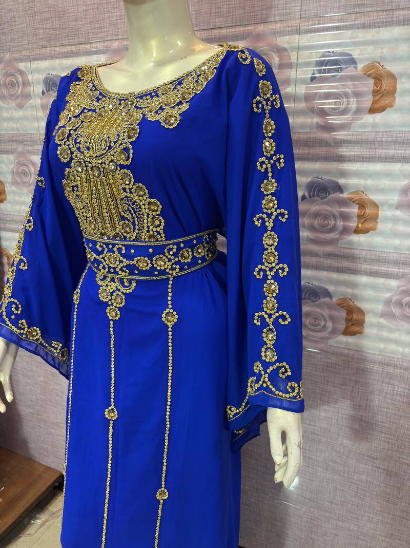 Royal Blue Embroidered Designer Stitched Kaftan with Golden Handwork Moroccan Style Abaya Dress