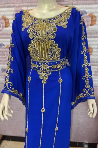 Royal Blue Embroidered Designer Stitched Kaftan with Golden Handwork Moroccan Style Abaya Dress