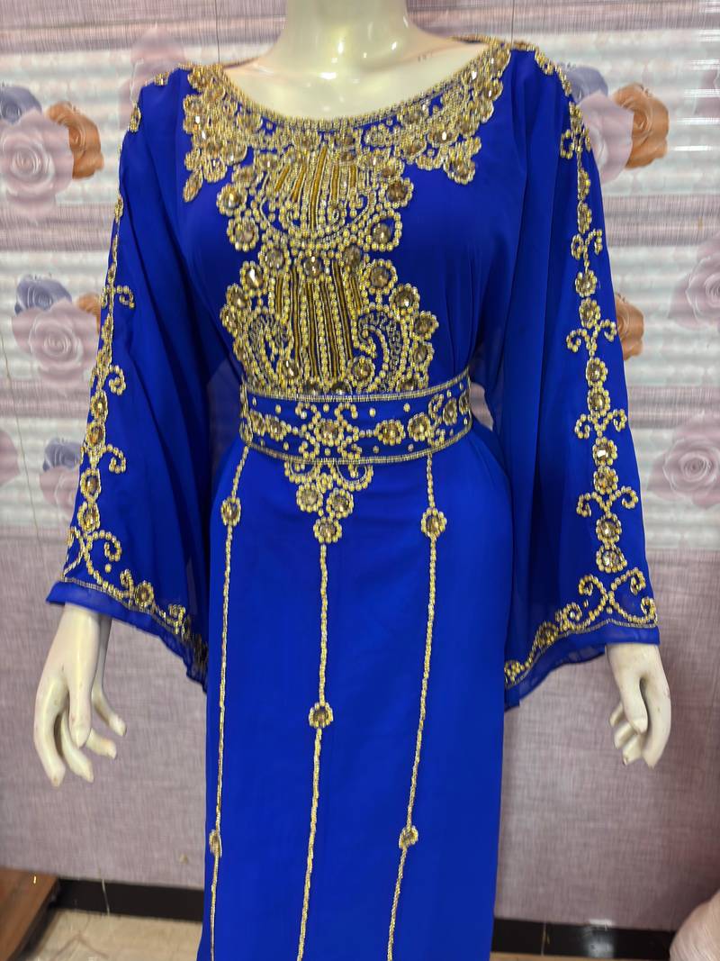 Royal Blue Embroidered Designer Stitched Kaftan with Golden Handwork Moroccan Style Abaya Dress