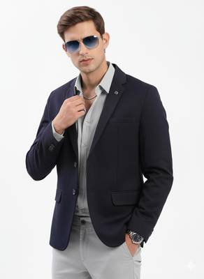 Men's Notched Lapel Solid Navy Blue Single-Breasted Blazer 1