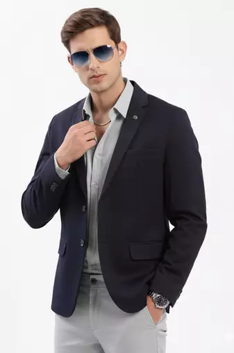Men's Notched Lapel Solid Navy Blue Single-Breasted Blazer