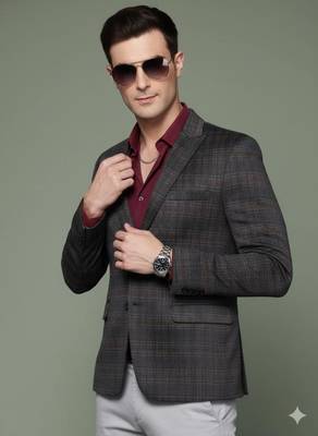 charcoal single-breasted slim-fit blazer with blue and black two-tone checks 1