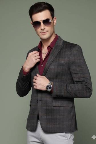 Men's charcoal single-breasted slim-fit blazer with blue and black two-tone checks