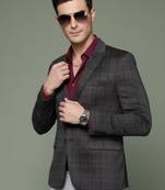 Men's charcoal single-breasted slim-fit blazer with blue and black two-tone checks
