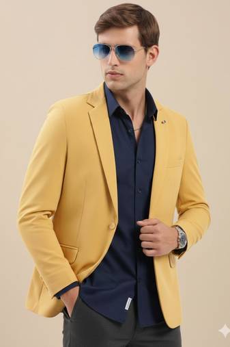 Men's Notched Lapel Solid Yellow Single-Breasted Blazer