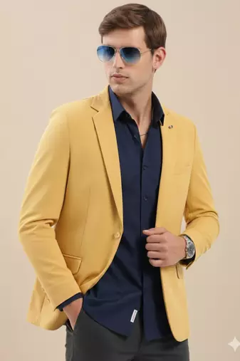 Men's Notched Lapel Solid Yellow Single-Breasted Blazer