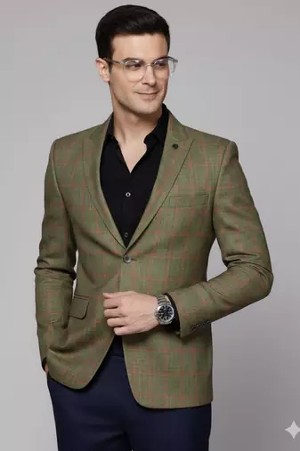 Men's single-breasted slim-fit green blazer with red checks