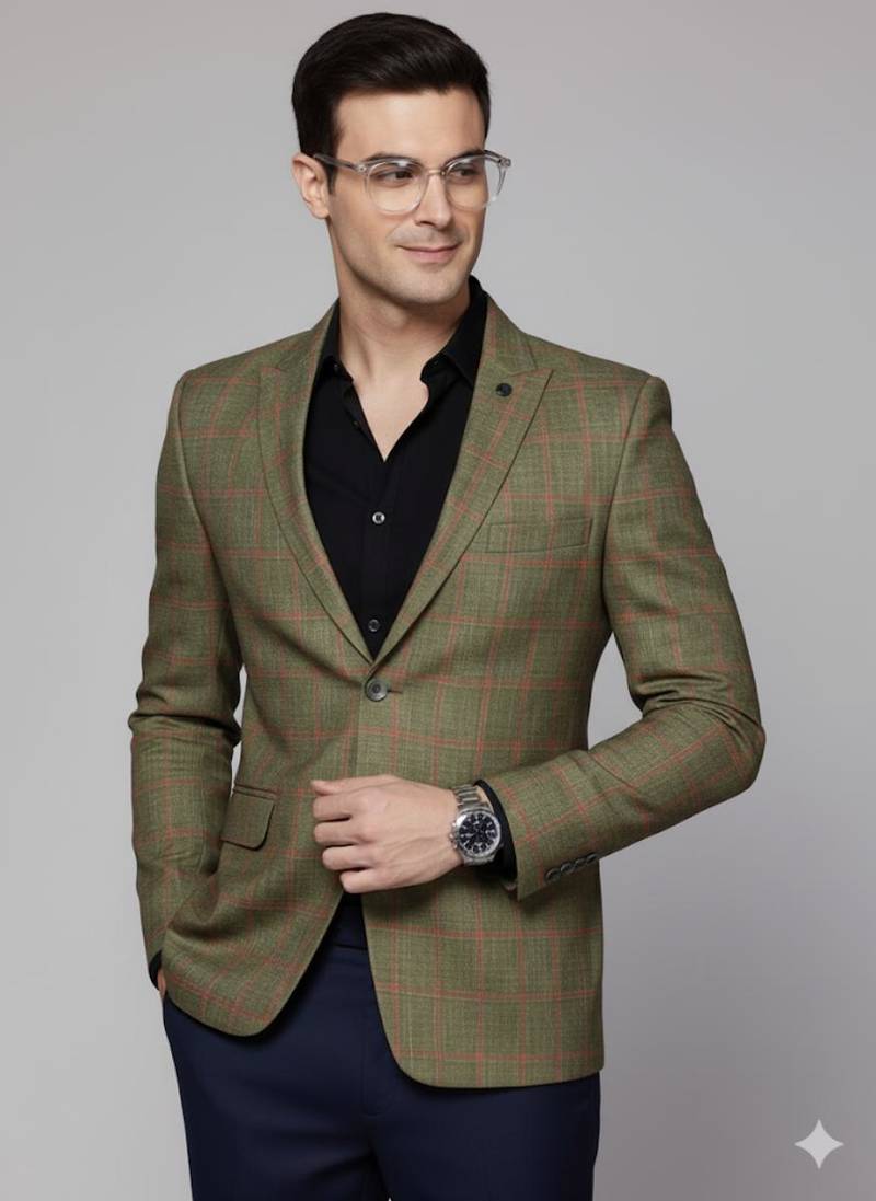 Men's single-breasted slim-fit green blazer with red checks