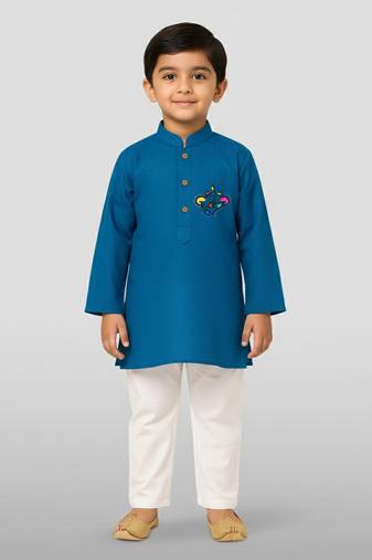 aqua cotton printed kurta set with white pyjama - diwali special