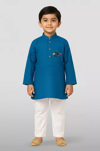 aqua cotton printed kurta set with white pyjama - diwali special