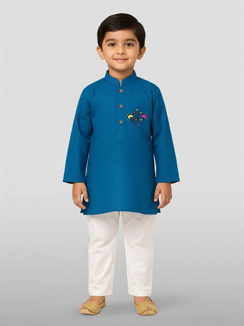 aqua cotton printed kurta set with white pyjama - diwali special