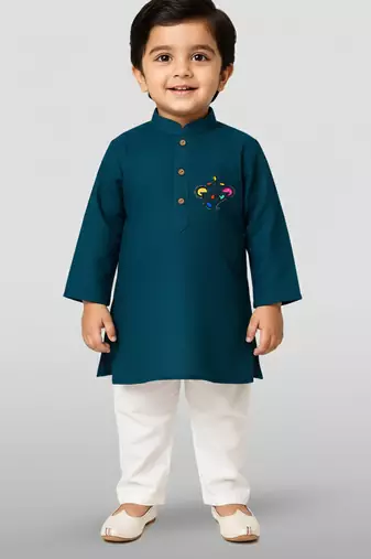 blue cotton printed kurta set with white pyjama - diwali special