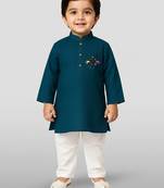 blue cotton printed kurta set with white pyjama - diwali special