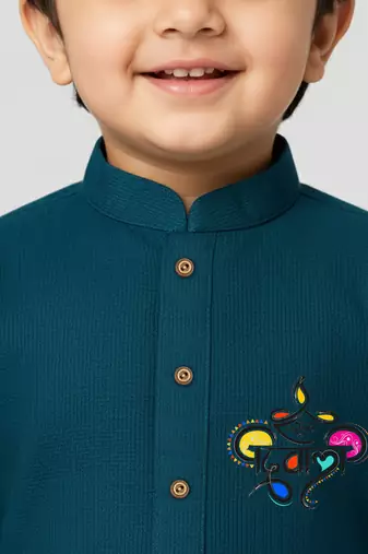 blue cotton printed kurta set with white pyjama - diwali special