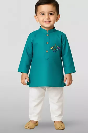 light blue cotton printed kurta set with white pyjama - diwali special