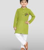 olive green cotton printed kurta set with white pyjama - diwali special