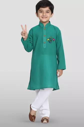 green cotton printed kurta set with white pyjama - diwali special