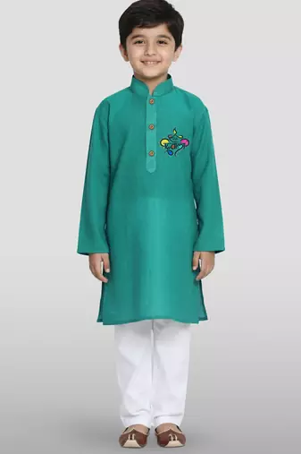 green cotton printed kurta set with white pyjama - diwali special