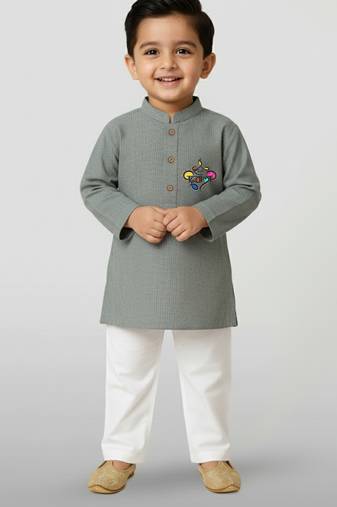 grey cotton printed kurta set with white pyjama - diwali special