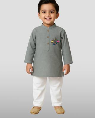 grey cotton printed kurta set with white pyjama - diwali special 3