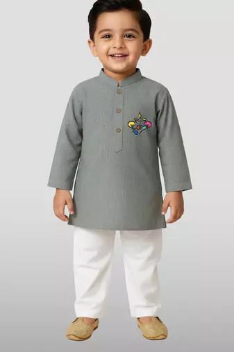 grey cotton printed kurta set with white pyjama - diwali special