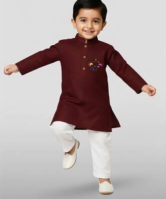 maroon cotton printed kurta set with white pyjama - diwali special 1