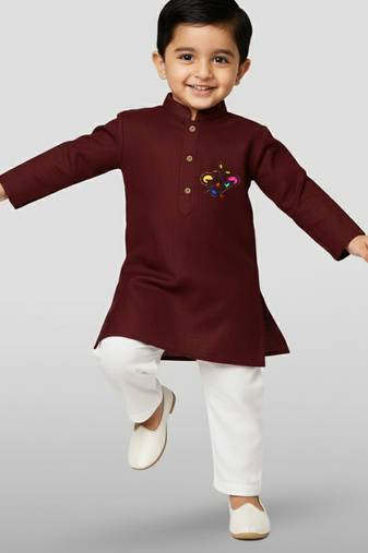 maroon cotton printed kurta set with white pyjama - diwali special