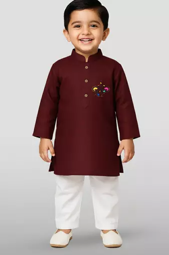 maroon cotton printed kurta set with white pyjama - diwali special