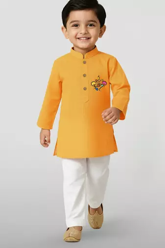 mustard cotton printed kurta set with white pyjama - diwali special