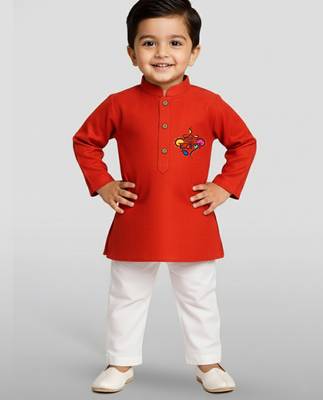 red cotton printed kurta set with white pyjama - diwali special 1