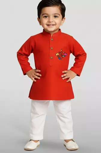 red cotton printed kurta set with white pyjama - diwali special