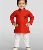 red cotton printed kurta set with white pyjama - diwali special