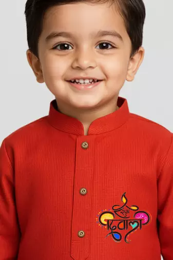 red cotton printed kurta set with white pyjama - diwali special