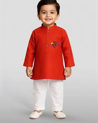 red cotton printed kurta set with white pyjama - diwali special 3