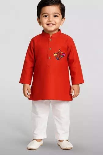 red cotton printed kurta set with white pyjama - diwali special