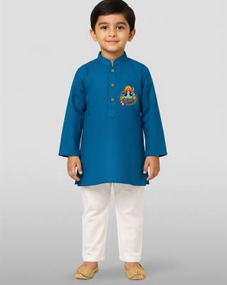 aqua cotton printed kurta set with white pyjama - diwali special 1