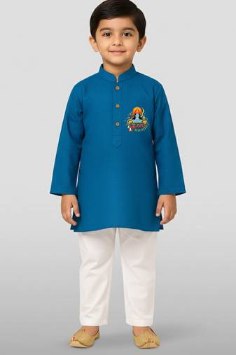 aqua cotton printed kurta set with white pyjama - diwali special