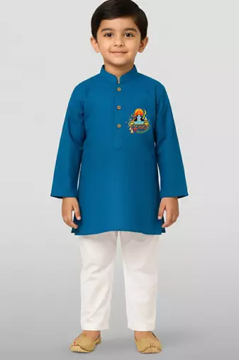 aqua cotton printed kurta set with white pyjama - diwali special