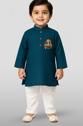 blue cotton printed kurta set with white pyjama - diwali special