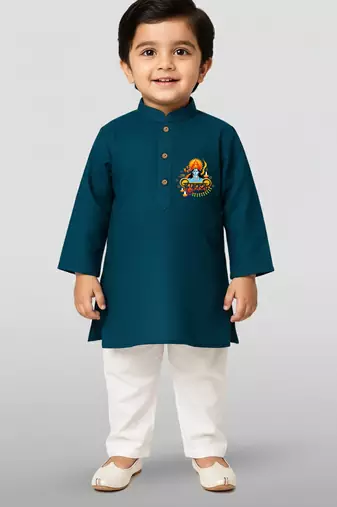 blue cotton printed kurta set with white pyjama - diwali special