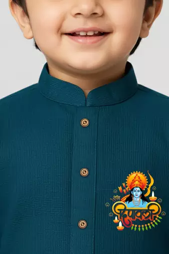 blue cotton printed kurta set with white pyjama - diwali special
