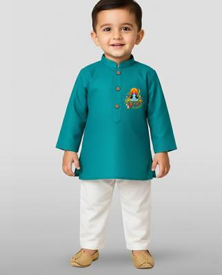 light blue cotton printed kurta set with white pyjama - diwali special 1