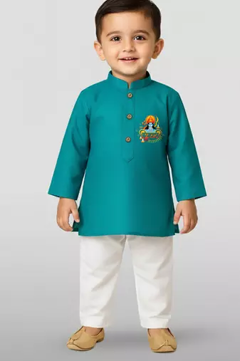 light blue cotton printed kurta set with white pyjama - diwali special