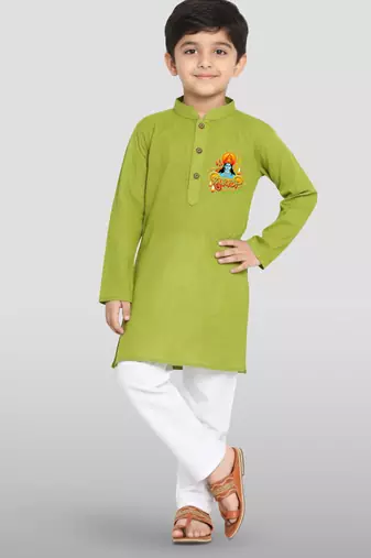 olive green cotton printed kurta set with white pyjama - diwali special