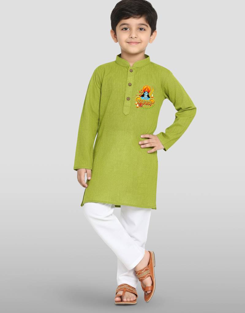 olive green cotton printed kurta set with white pyjama - diwali special