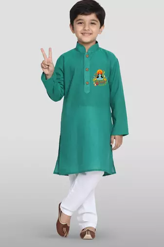 green cotton printed kurta set with white pyjama - diwali special