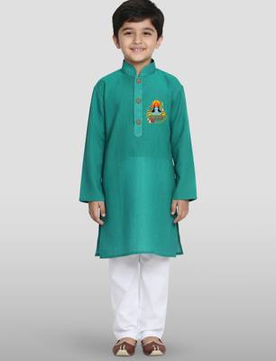green cotton printed kurta set with white pyjama - diwali special 3