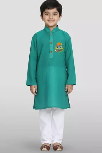 green cotton printed kurta set with white pyjama - diwali special