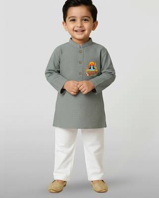 grey cotton printed kurta set with white pyjama - diwali special 1