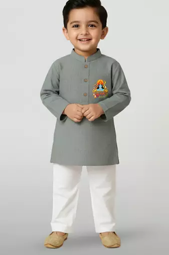 grey cotton printed kurta set with white pyjama - diwali special